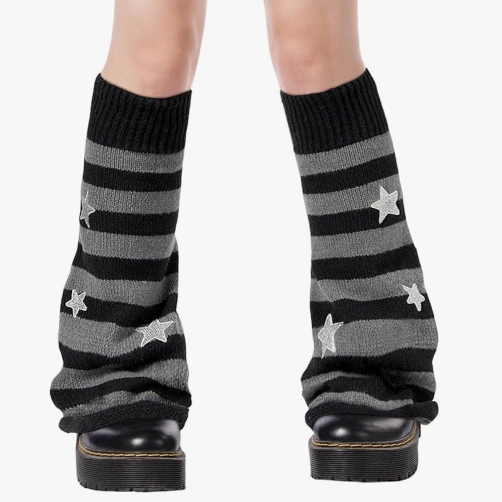 Kids Black & Gray Striped Star Knee-High Leg Warmers